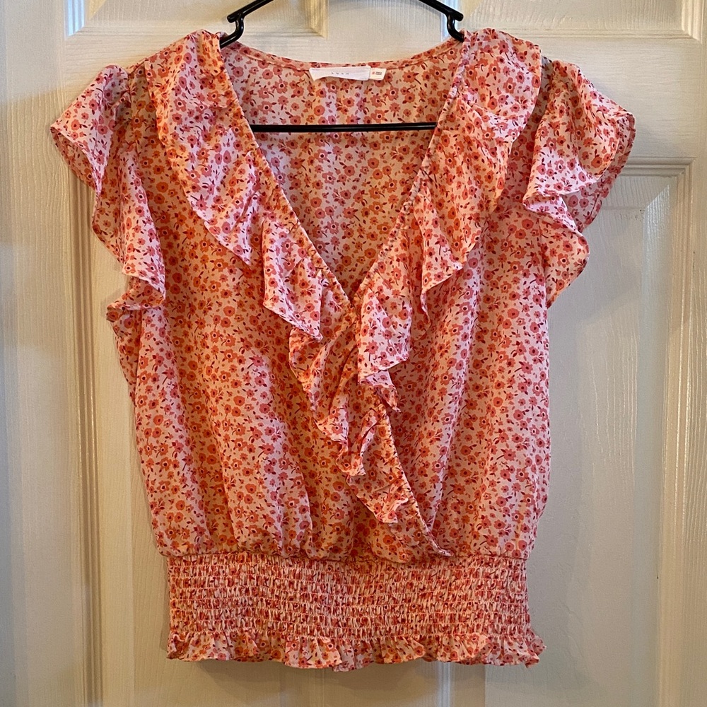 Lush Pink Peach Coral Floral Ruffle Blouse - Picture 3 of 12